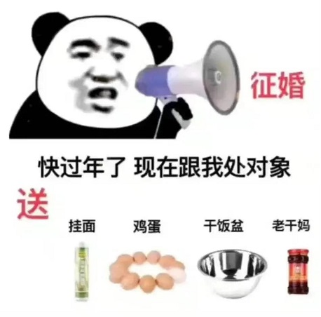 熊猫头过年征婚：跟我处对象_送挂面鸡蛋老干妈干饭盆